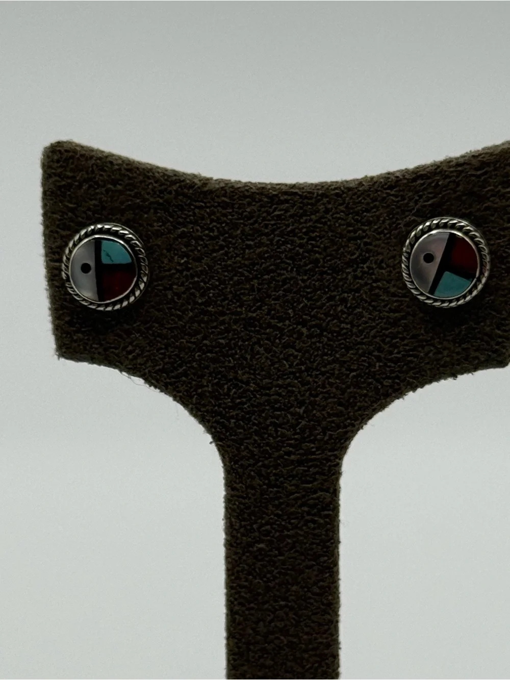 Zuni Inlay Turquoise and Red Circle Stud Earrings - Women Jewelry